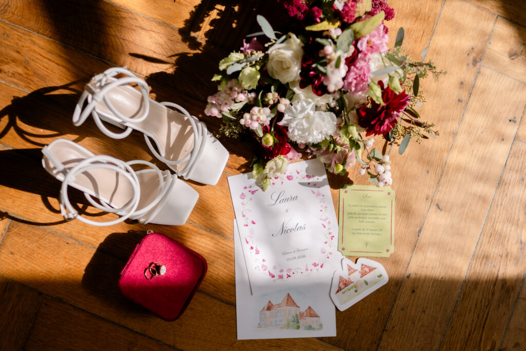 Photographe mariage Jura : chaussures de la mariée, bouquet et papeterie aquarelle