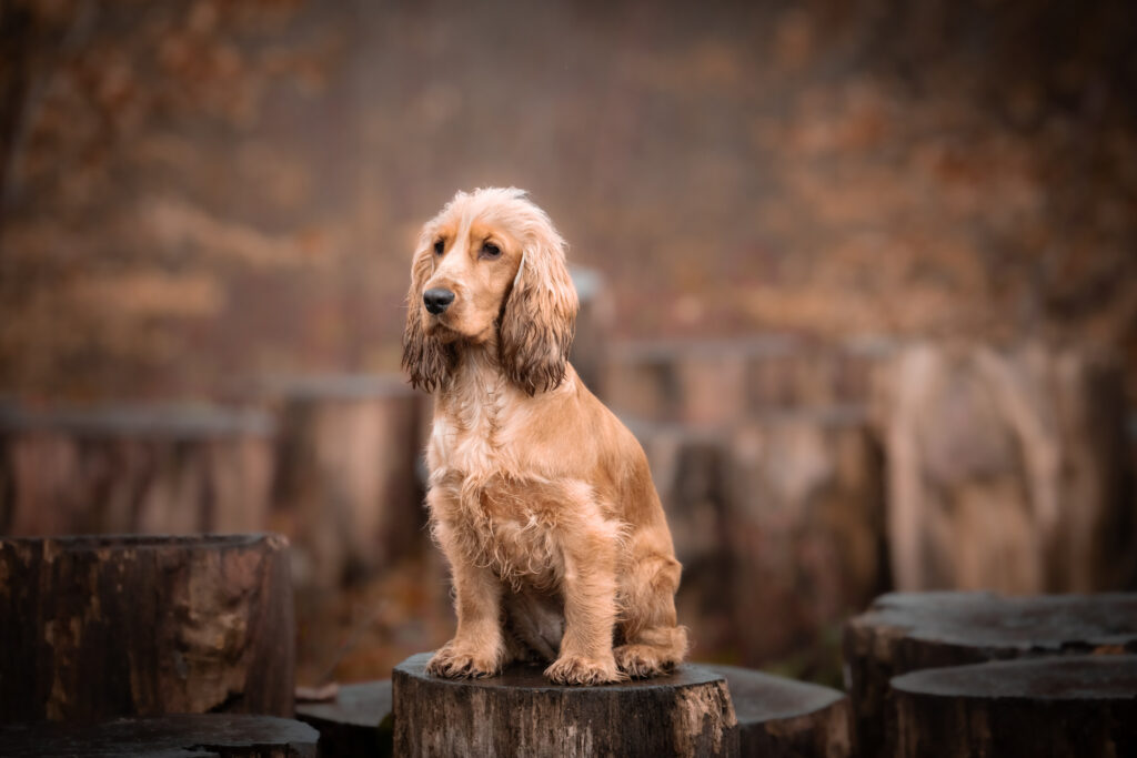 Photographe animaux chien Morez Jura Genève Lausanne Champagnole Lons-le-Saunier Besançon – cocker assis sur un tronc en forêt d’automne