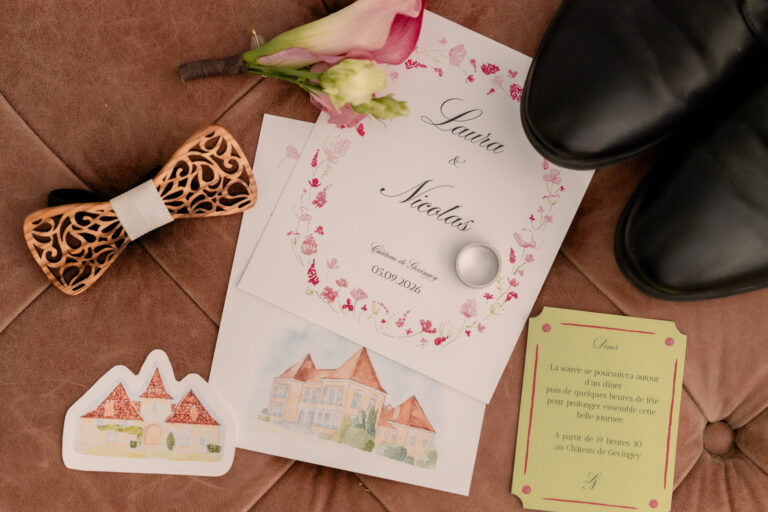 Photographe mariage Jura : nœud papillon en bois, faire-part aquarelle et chaussures du marié