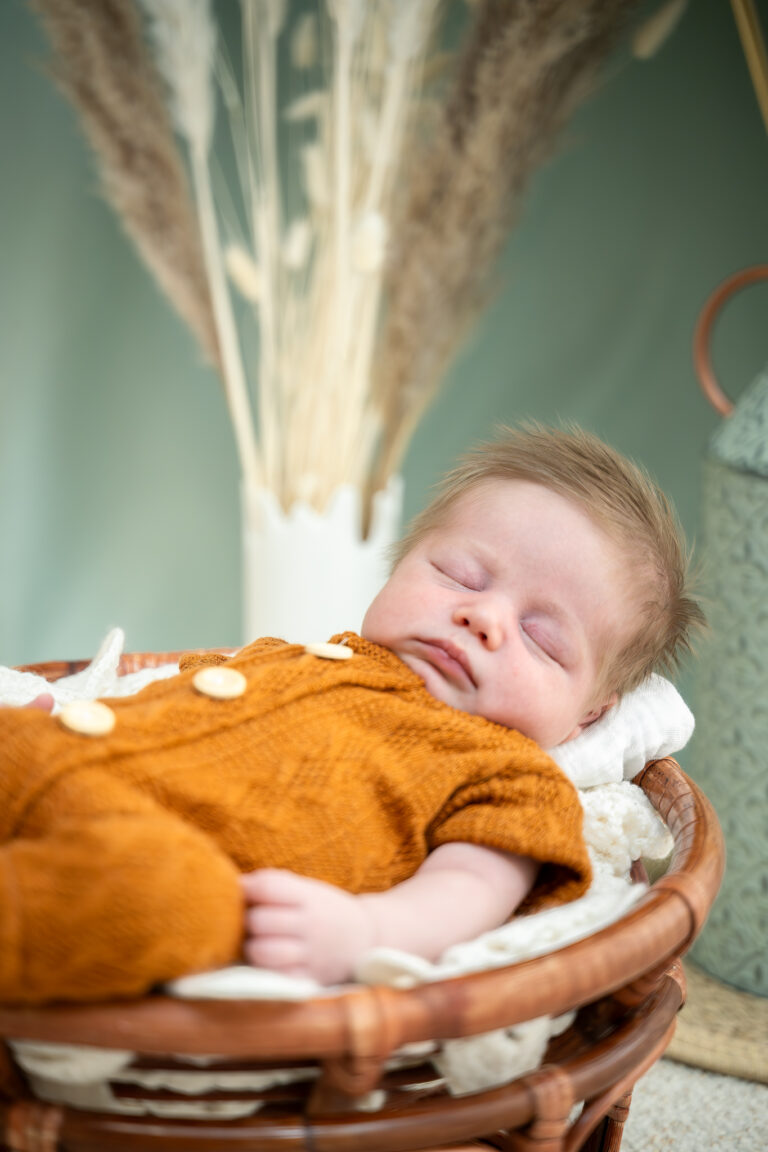 Photographe naissance Morez Jura Suisse romande – nouveau-né endormi dans un petit panier